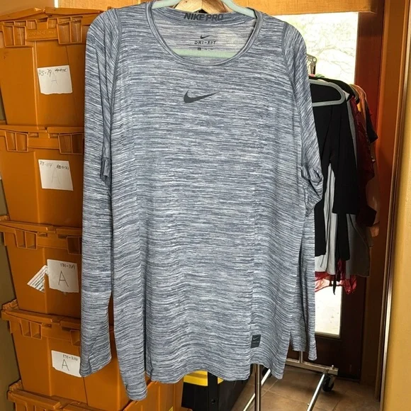 Nike Pro Athletic T-Shirt Long Sleeve Heather Blue Center Swoosh Size XXL - Picture 2 of 8